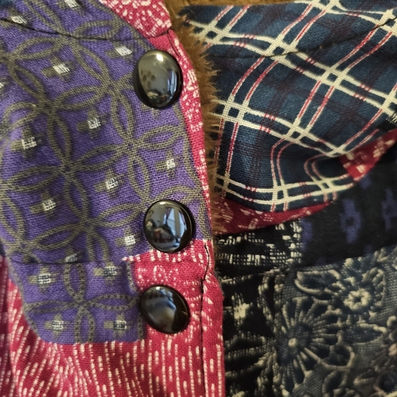 Faux Patchwork Cotton Linen Blend Faux Fur Lined Jacket Size XL - Picture 3 of 7